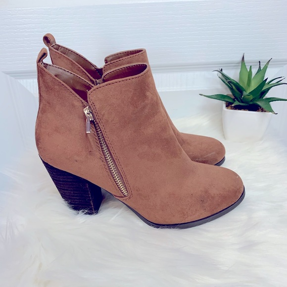 Call It Spring Shoes - Cognac Zip Wooden Heel Bootie